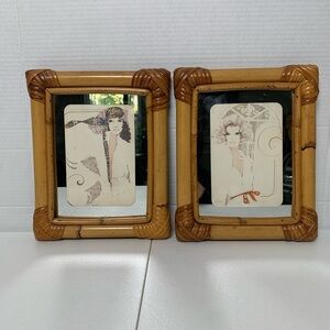 Pair of Vintage Bamboo Frames with Mirror/1960s Female Prints